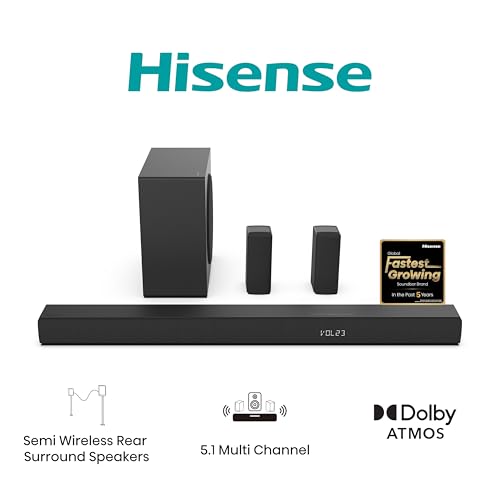 Hisense AX5100Q - Barra de Sonido 5.1, 580W, 8 Altavoces, Subwoofer y Altavoces Traseros Semi-Inalámbricos, Dolby Atmos, Hi-Concerto, HDMI eARC, Bluetooth 5.3, Ez Play
