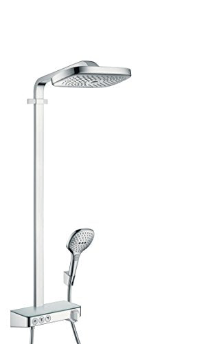 hansgrohe Raindance Select E - sistema de ducha con termostato, ducha lluvia (300 x 190mm) con grifo, ducha de mano (3 tipos de chorro), flexo, barra, ducha fija rectangular, cromo, 27127000