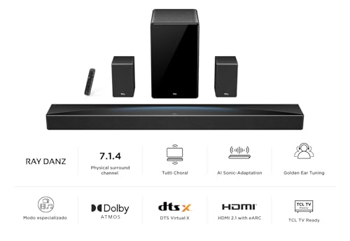 TCL Barra de Sonido Q85H 7.1.4ch tecnología RayDanz Dolby Atmos & DTS:X con subwoofer inalámbrico y Altavoces Traseros compatibles con HDMI 2.1 y BT 5.3
