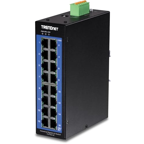 TRENDnet Interruptor de riel DIN gestionado Gigabit L2 Industrial de 16 Puertos, 16 Puertos Gigabit, Interruptor de Capa de Temperatura Ancha 2, Capacidad de conmutación de 32 Gbps, Negro, TI-G160i-M