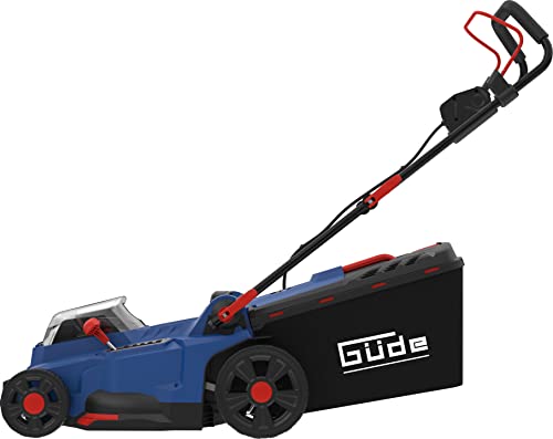 Güde Cortacésped con batería RM 36-402-30.37 (36 V (2 x 18 V) sin escobillas, corte de 370 mm, altura de corte de 6 niveles, saco de recolección de hierba de 35 l, cuña para mantillo, incluye 2