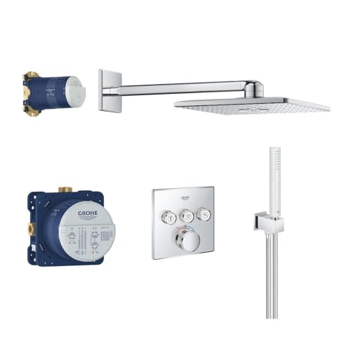 GROHE Grohtherm SmartControl- Set de ducha termostático (ducha mural cuadrada 31cm con 2 chorros, termostato empotrado, teleducha stick con soporte y flexo), listo para instalar, cromo, 34706000