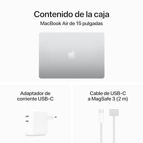 Apple 2024 MacBook Air de 15 Pulgadas con Chip M3 de Apple: Pantalla Liquid Retina de 15,3 Pulgadas, 8 GB de Memoria unificada, SSD de 256 GB, cámara FaceTime HD a 1080p, Touch ID, Plata