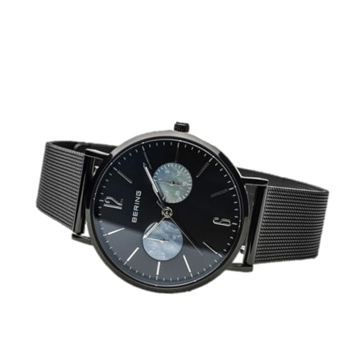 BERING 14236-123 Reloj de cuarzo para mujer de 36 mm con caja de acero inoxidable con acabado negro y esfera negra, correa milanesa, cristal de zafiro y resistencia al agua de 3 ATM