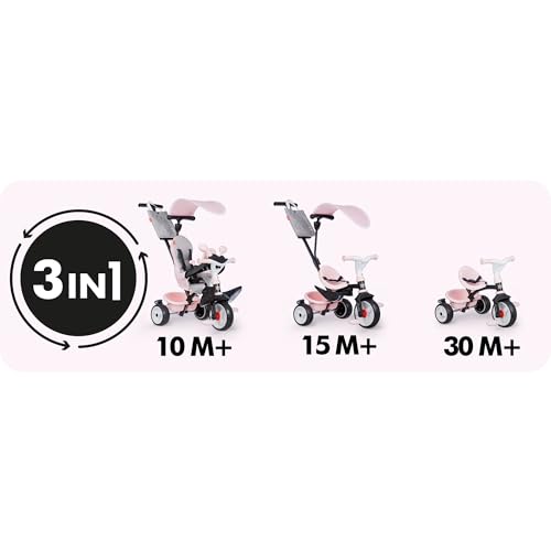 Smoby Triciclo Baby Driver Confort Rosa 3 en 1 Progresivo para Niños a Partir de 10 Meses, con Parasol Anti-UV, Volante con Claxon y Ruedas Silenciosas (7600741504)