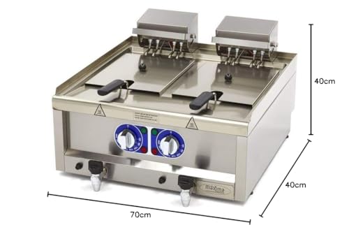 Maxima Freidora eléctrica de clase comercial Gastro, 2 x 10 l de aceite, 600 x 600 mm de profundidad, con zona fría y grifo de drenaje, 2 x 6000 W