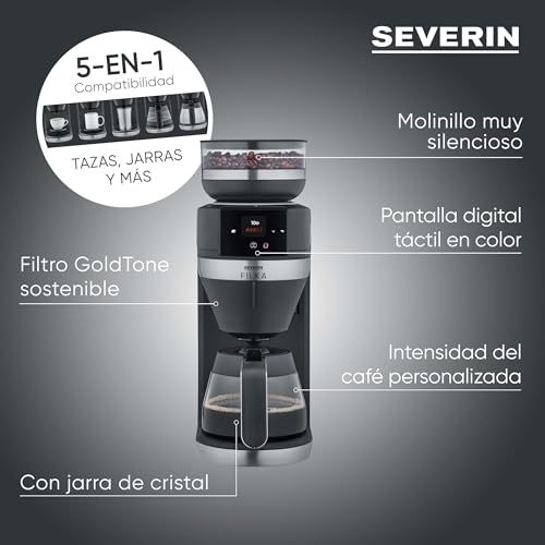 SEVERIN FILKA, cafetera de filtro totalmente automática, cafetera de filtro 5 en 1 con pantalla LED, molinillo, con jarra de cristal, negro mate/acero inoxidable, KA 9694