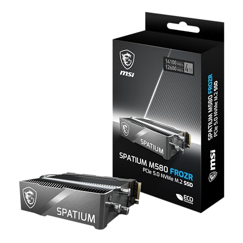 MSI SPATIUM M580 PCIe 5.0 NVMe M.2 4TB FROZR - Disco SSD Interno de 4 TB con radiador, PCIe 5.0 NVMe M.2, Lectura de 14100 MB/s y Escritura 12600 MB/s, 3D NAND, 3000 TBW, garantía de 5 años