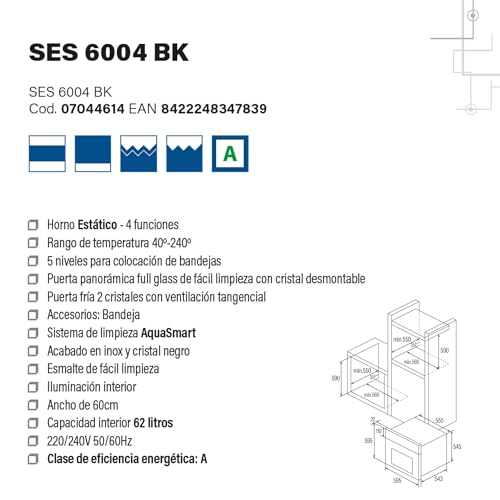 Cata Horno Estático SES 6004 BK 4 Funciones Puerta Panorámica Full Glass Limpieza AquaSmart Iluminación Interior Ancho de 60 cm Gran Capacidad 62 L Iluminación Interior Acabado Inox Cristal Negro