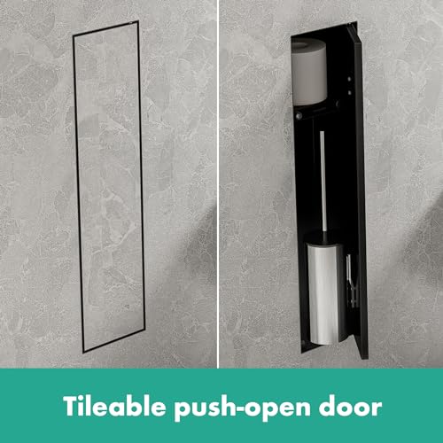 hansgrohe XtraStoris Rock, escobillero baño empotrado con repisa y puerta alicatable, nicho de pared baño, escobilla wc empotrada, escobilla baño empotrada, accesorios baño, negro mate, 56060670
