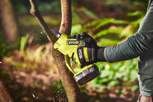RYOBI - Motosierra de Mano Brushless 18V ONE+ - Barra 10 cm - Herramienta Compacta de Poda de Ramas - Tensor de Cadena sin Herramientas - Ambidiestro - BaterÃa 2,0 Ah y Cargador 1,5 A - RY18PSX10A-120