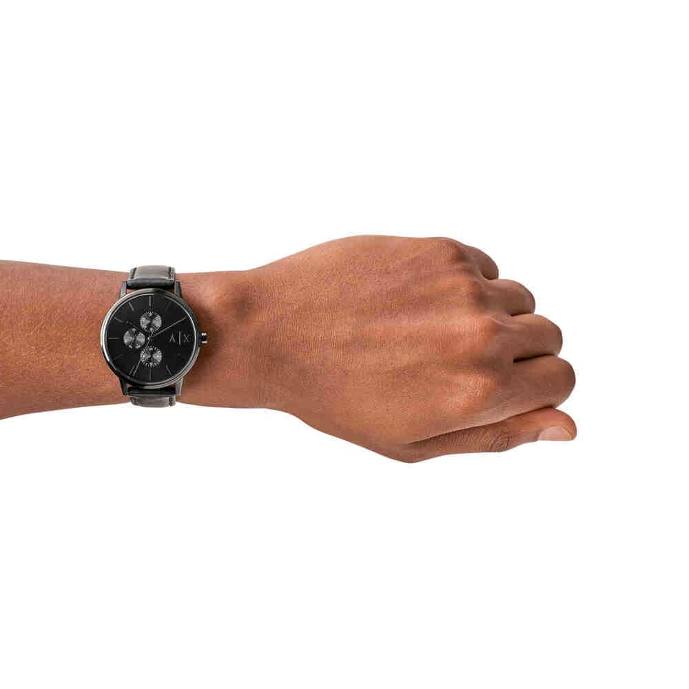 Armani Exchange Reloj para hombre, movimiento multifunción de cuarzo y caja de 42 mm con correa de piel, Negro azabache