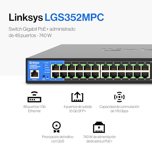 Linksys LGS352MPC-EU switch PoE+ de red Gigabit de 48 puertos a 740 W con 4 ranuras SFP+ 10G de subida, conmutador Ethernet administrado inteligente con carcasa metálica y montaje de sobremesa/pared