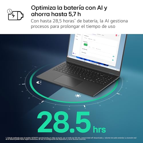LG gram 16Z90T-G.AD88B Portátil 16 Pulgadas, WQXGA IPS, Intel Core Ultra7, 3GB RAM, 1TB SSD, 1.199 g, Antirreflejo, Batería hasta 22.5h, Windows 11, Negro
