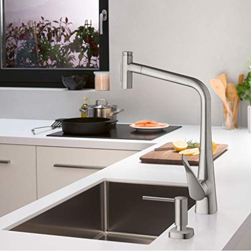 hansgrohe Metris Select M71 Mezclador monomando de cocina 320, ducha extraíble, 2 tipos de chorro, con caja del flexo (sBox), acabado de acero inoxidable, 73816800