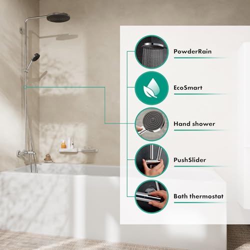 hansgrohe Pulsify S Puro - sistema de ducha ahorro de agua (EcoSmart) con termostato bañera, ducha lluvia (260 mm) con grifo bañera, ducha de mano, flexo, barra, ducha fija redonda, cromo, 24232000