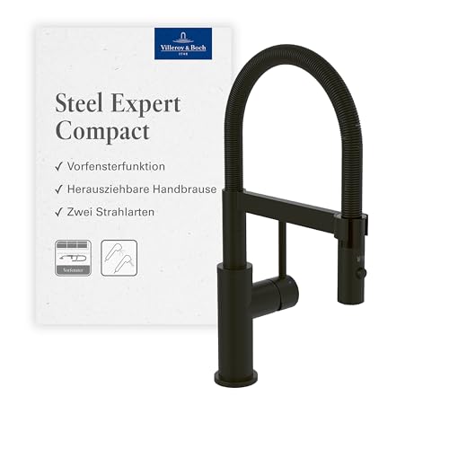 Villeroy & Boch Steel Expert Compact Window - Grifo de cocina (alta presión, montaje en ventana, ahorro de agua, altura de caño 147 mm), color negro mate