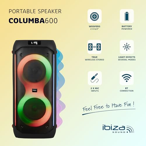 Ibiza - COLUMBA600 - Altavoz, potente bafle 2x6,5"/16cm en batería recargable - Bluetooth, Micro-SD, USB, Aux, 2 MIC IN - TWS - LED multicolor infinito - Asa