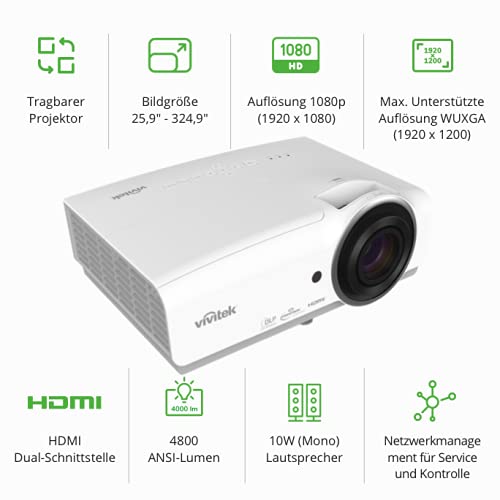 Vivitek DH856 - Proyector portátil Full HD con Zoom de 1,5, relación de Contraste de 15.000:1, 4800 lúmenes, WUGXA (1920 x 1200), 3,4 kg de Peso, para Cine en casa, Netflix, Prime y más
