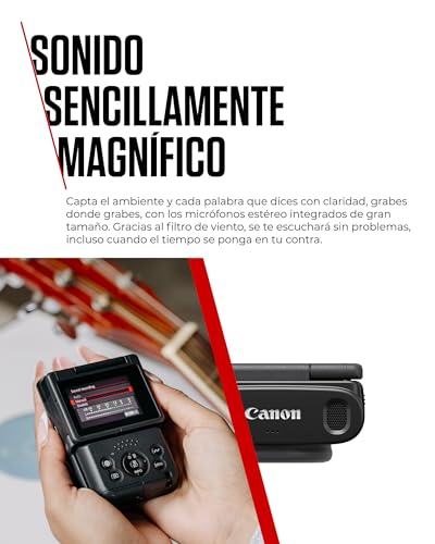 Canon Powershot V10 Starter Kit + Accesorios + Memoria 64GB, Cámara Vlogging y Streaming, Sensor 1" 20,9 MP, Vídeo 4K, Objetivo 19mm, WiFi, Bluetooth y USB-C, Pantalla Táctil Ángulo Variable, Negro