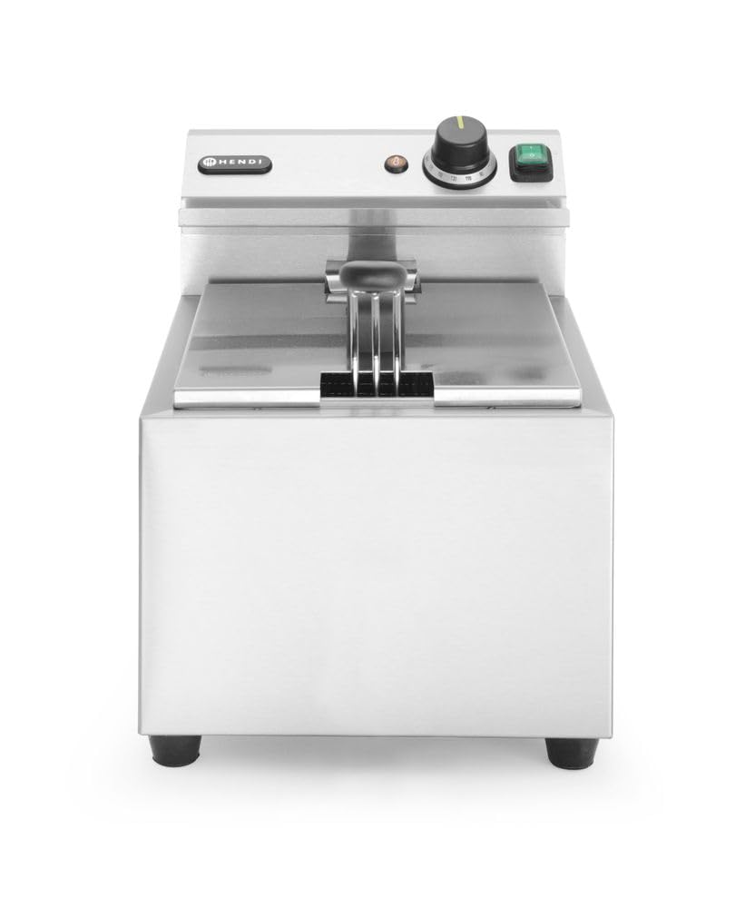 HENDI Freidora eléctrica, temperatura ajustable hasta 195°C, termostato de seguridad, zona fría, con tapa y cesta de freír, 8L, 230V, 3500W, 300x455x(H)345mm, acero inoxidable 18/0