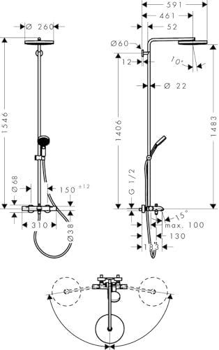 hansgrohe Pulsify S Puro - sistema de ducha ahorro de agua (EcoSmart) con termostato bañera, ducha lluvia (260 mm) con grifo bañera, ducha de mano, flexo, barra, ducha fija redonda, cromo, 24232000