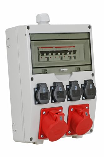 EHMANN Distribuidor de pared profesional, entrada M32 para cable, con disyuntores, Made in Germany, 6 salidas (1 x CEE 32 A / 1 x CEE 16 A / 4 x 230 V~), K2, BGI-GUV-I608