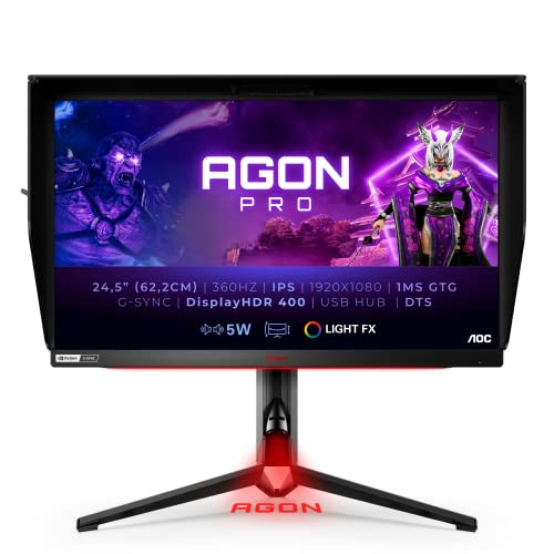 AOC Monitor Agon Gaming AG254FG - 24 pulgadas Full HD, 360 Hz, 1ms, IPS, G-Sync Nvidia Reflex, HDR 400, Ajuste de Altura, (1920x1080, 400 CD/m², HDMI 2.0/DP 1.4/USB 3.2), Negro