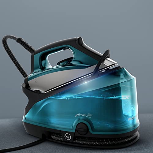 Rowenta Compact Steam Pro DG7623 Centro de planchado, 6.3 bares de presión, golpe de vapor de 325 g/minuto, suela antiarañazos deslizante, sistema eco, Color Azul/Negro