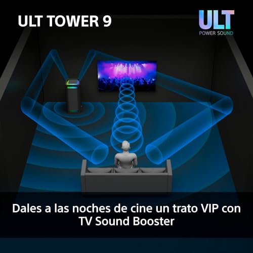 Sony ULT Tower 9, Ultimate Bluetooth Party Speaker, 25 H de batería y alimentación de Red, 2 Modos ULT Power Sound, X-Balanced Speaker, 360 Luces y Sonido, entradas de Karaoke, Negro