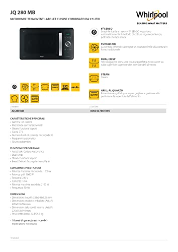 Whirlpool JQ 280 MB Microondas, Termoventilado Combinado, Libre Instalación, con Vaporiera Parrilla Baja Plato Crisp y Mango, 30 L, Negro, 54,8 x 52,5 x 33,3 cm