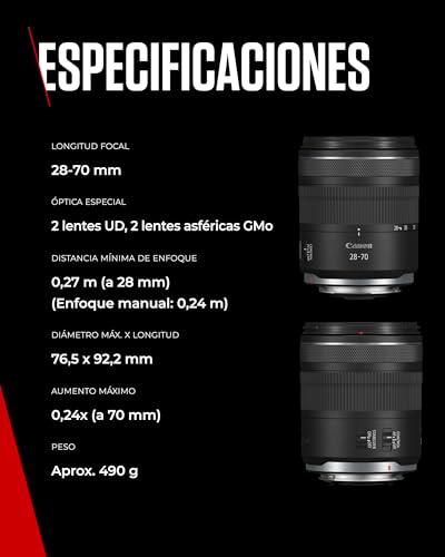 Objetivo zoom estándar Canon RF 28-70mm F2.8 IS STM para cámaras del sistema EOS R con estabilizador de imagen de 5,5 pasos sellado contra las inclemencias meteorológicas y un diseño compacto y ligero