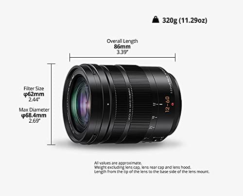 Panasonic LEICA DG VARIO-ELMARIT H-ES12060 - Objetivo Zoom estándar para cámaras de montura M4/3 (Focal 12-60 mm, F2.8-F4, lentes asféricas, tamaño filtro 62 mm, POWER O.I.S), negro