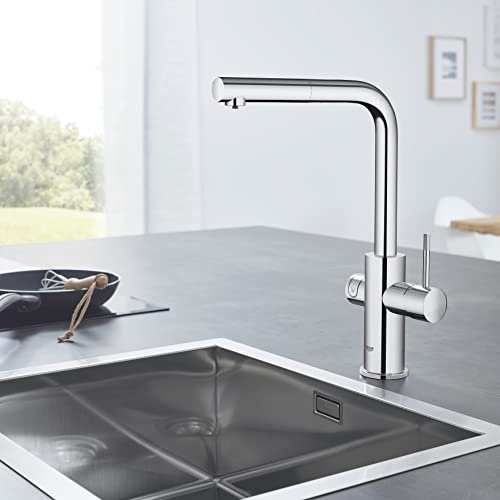 GROHE Blue Home - Grifo monomando de fregadero con función filtro de agua, caño en L, sin gas, con poco gas y con gas