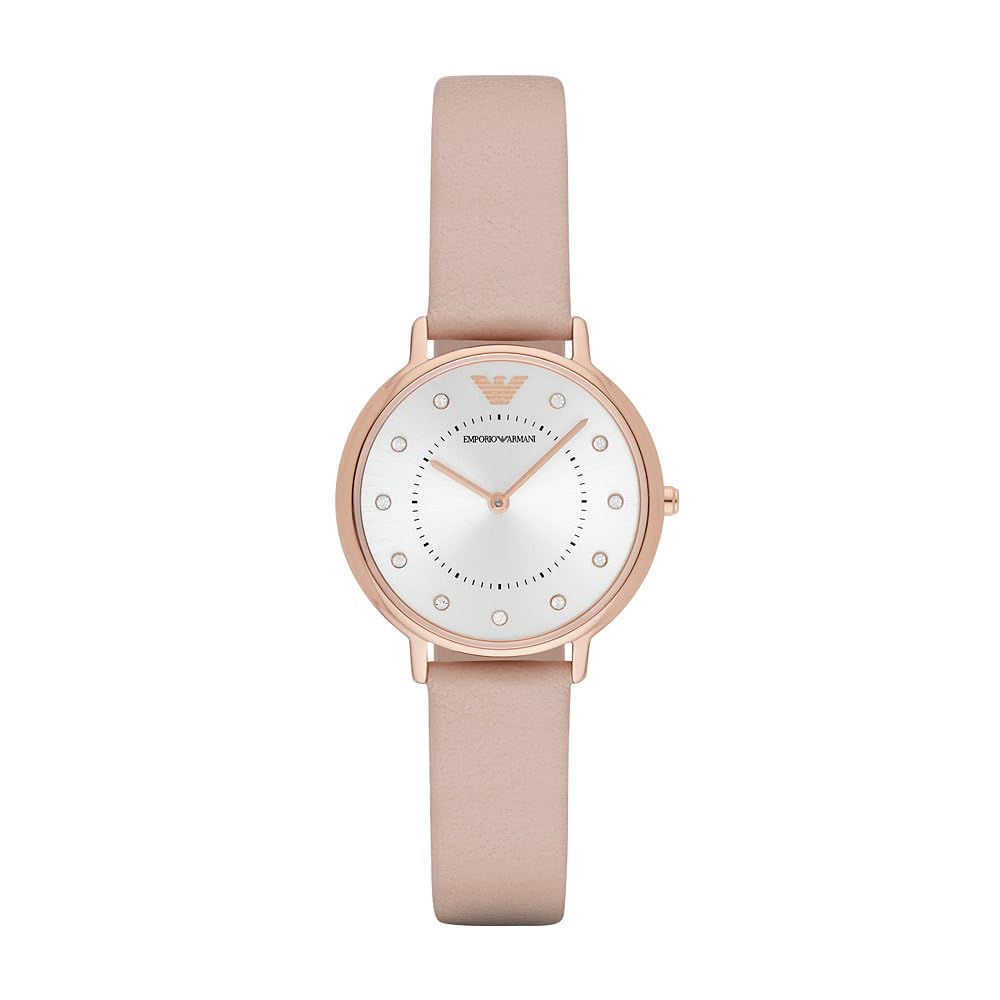 Emporio Armani Reloj de señora, movimiento de dos manecillas, caja de acero rosa dorado de 32 mm con correa de piel, AR2510, Rosa claro y blanco roto