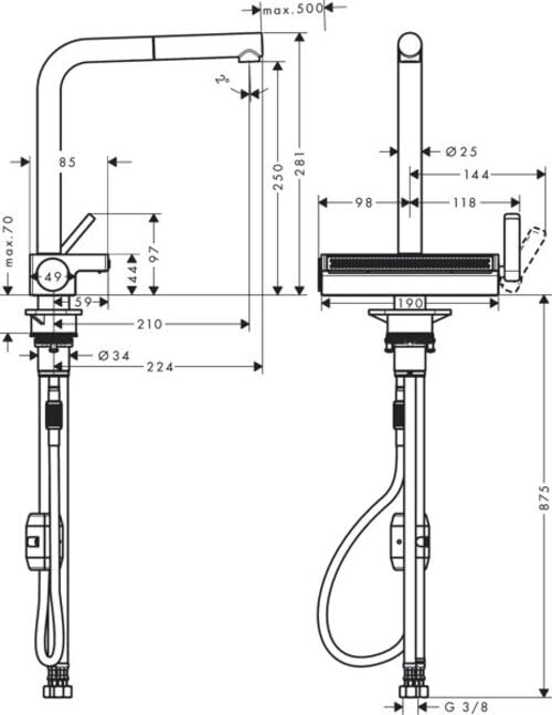 Hansgrohe Aquno Select M81 Grifo monomando de cocina 250, caño extraíble, 2 tipos de chorro sin sBox, acabado de acero inoxidable, 73836800