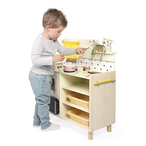 Janod - Gran Cocina Infantil de Madera - Equipada con 2 Hornos, Fregadero y 16 Accesorios Incluidos - Botones Sonoros Giratorios - Juguete de Imitación y Aprendizaje Temprano - A Partir de 2 años