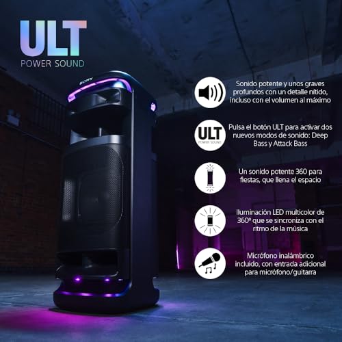 Sony ULT TOWER 10, Altavoz bluetooth para fiestas con ULT POWER SOUND y Deep Bass, altavoces X-Balanced, iluminación LED 360, funciones para fiestas, micrófono inalámbrico, portátil, ruedas giratorias