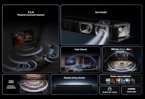 TCL Barra de Sonido Q85H 7.1.4ch tecnología RayDanz Dolby Atmos & DTS:X con subwoofer inalámbrico y Altavoces Traseros compatibles con HDMI 2.1 y BT 5.3