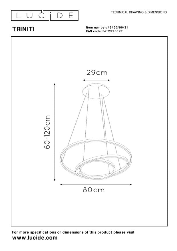 LUCIDE TRINITI - Lámpara colgante - Ø 80 cm - LED Regul. - 3000K - Blanco