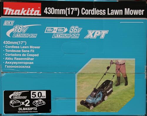 WDERNI Makita DLM432PT2 Akku-Rasenmäher 2x18V / 5,0 Ah, 2 Akkus + Doppelladegerät, 36 V, Gasolina