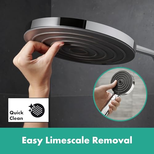 hansgrohe Pulsify S Puro - sistema de ducha ahorro de agua (EcoSmart) con termostato bañera, ducha lluvia (260 mm) con grifo bañera, ducha de mano, flexo, barra, ducha fija redonda, cromo, 24232000