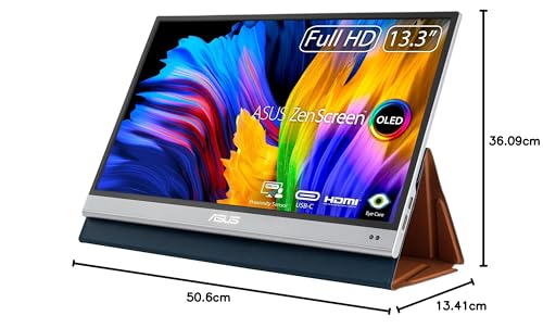 ASUS ZenScreen OLED MQ13AH - Monitor portátil de 13,3 Pulgadas (FHD (1920 x 1080), 100% DCI-P3, 1 ms, Delta E < 2, HDR-10, USB-C, Mini HDMI, Smart Case, antiparpadeo, Baja luz Azul, Negro