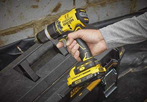 STANLEY FATMAX Taladro Percutor Sin Cable V20 (18V), Motor Sin Escobillas, 80Nm, 2 Baterías 2Ah, Cargador, Maletín, Portabrocas Metálico 13mm, 14 Posiciones de Par, SFMCD721D2K-QW