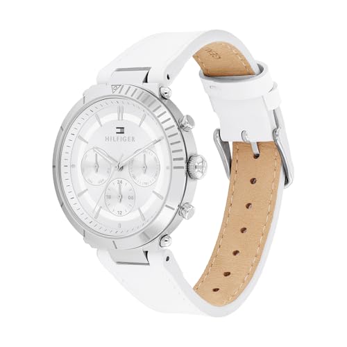 Tommy Hilfiger Reloj Analógico de Cuarzo Multifunción para Mujer con Correa de Cuero Blanca - 1782352