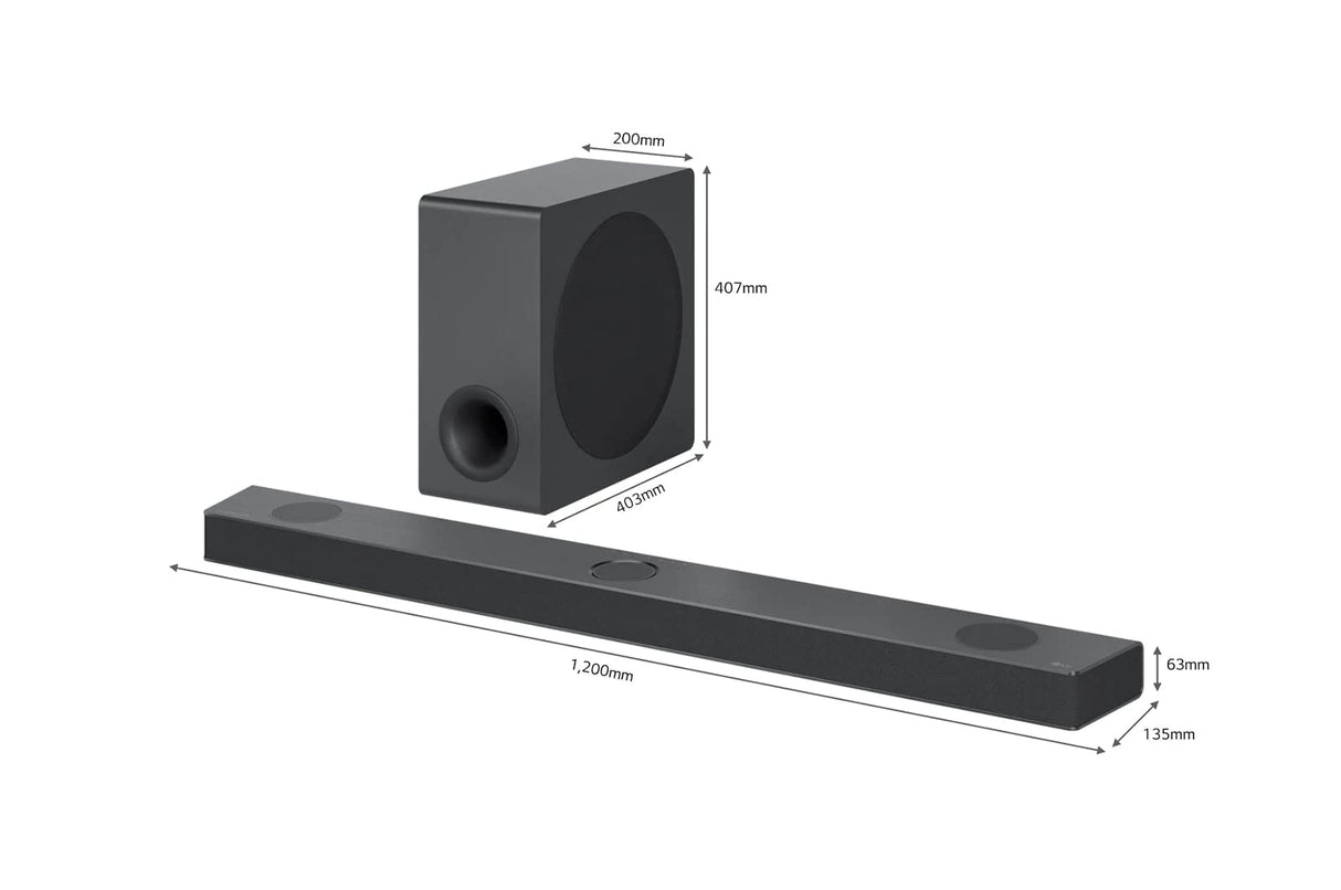 LG S90QY - Barra de sonido TV 570 W, 5.1.3 canales con subwoofer inalámbrico, 3 canales up-firing, audio Meridian, Dolby Atmos, DTS:X, IMAX Enhanced, Bluetooth, Wi-Fi, entrada óptica, USB, HDMI in/out
