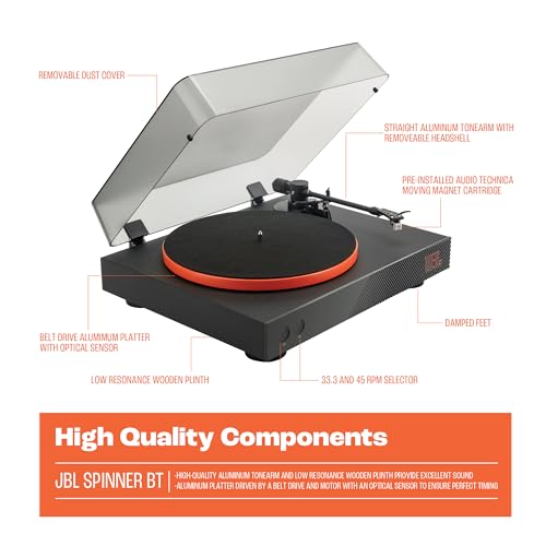 JBL Spinner BT, Tocadiscos Bluetooth con AptX-HD, cabezal extraíble, plato de aluminio y transmisión por correa, cartucho magnético móvil preinstalado, en negro y naranja