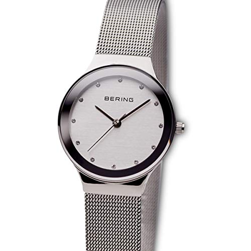 BERING 12934-000 Reloj de cuarzo para mujer con caja de acero inoxidable plateado de 34 mm y esfera plateada, correa milanesa, cristal de zafiro y resistencia al agua de 3 ATM