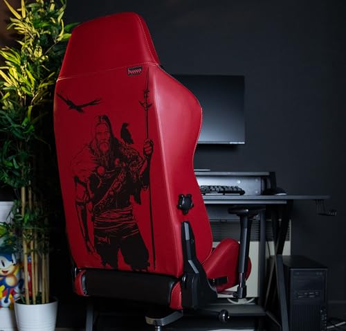 Konix Drakkar Silla de Oficina Gaming Odin - Inclinación del Asiento 160° - Cuero de Poliuretano Liso - Motivo Vikingo - Negro y Rojo
