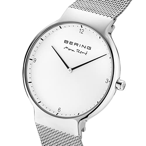 BERING 15540-004 Reloj de cuarzo para hombre con caja de acero inoxidable plateado de 40 mm y esfera blanca, correa milanesa, cristal de zafiro y resistencia al agua de 5 ATM